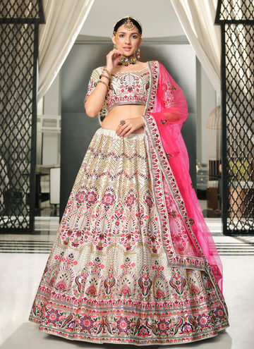 Multi Thread Sequence Work Silk White Lehenga Choli Set